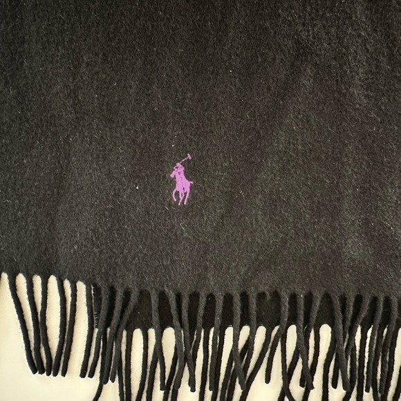 Polo Ralph Lauren Scarf Unisex Black Lambswool Purple Pony Fringe Italy Luxury - Picture 3 of 9